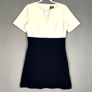 Vince Camuto Dress 8 Ivory Blue Sheath Colorblock V Neck Short Sleeve Scuba FLAW